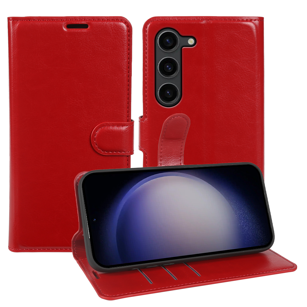 For Samsung Galaxy S23 Wallet Case Crazy Horse Texture Leather Flip Phone Cover with Magnetic Closure - Red