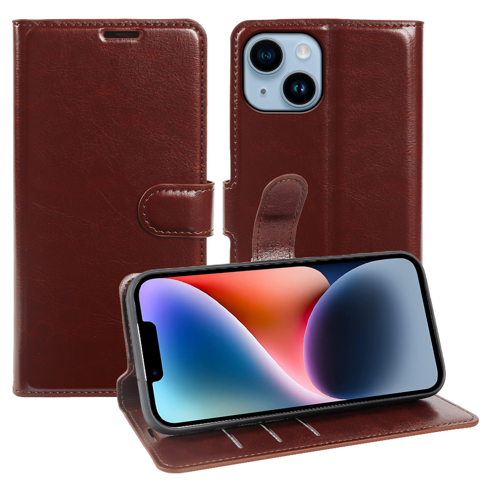 For iPhone 14 Plus Wallet Case Crazy Horse Texture Leather Flip Phone Cover with Magnetic Closure - Brown