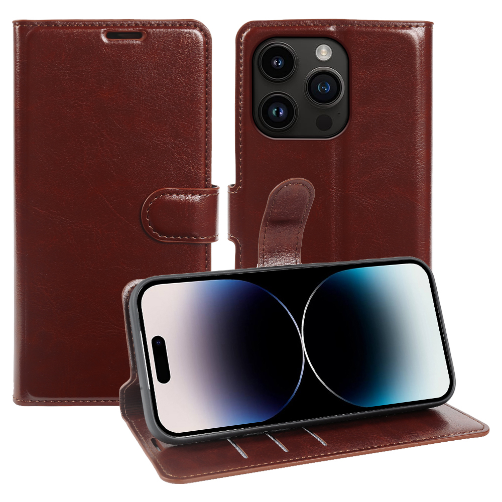 For iPhone 14 Pro Max Wallet Case Crazy Horse Texture Leather Flip Phone Cover with Magnetic Closure - Brown