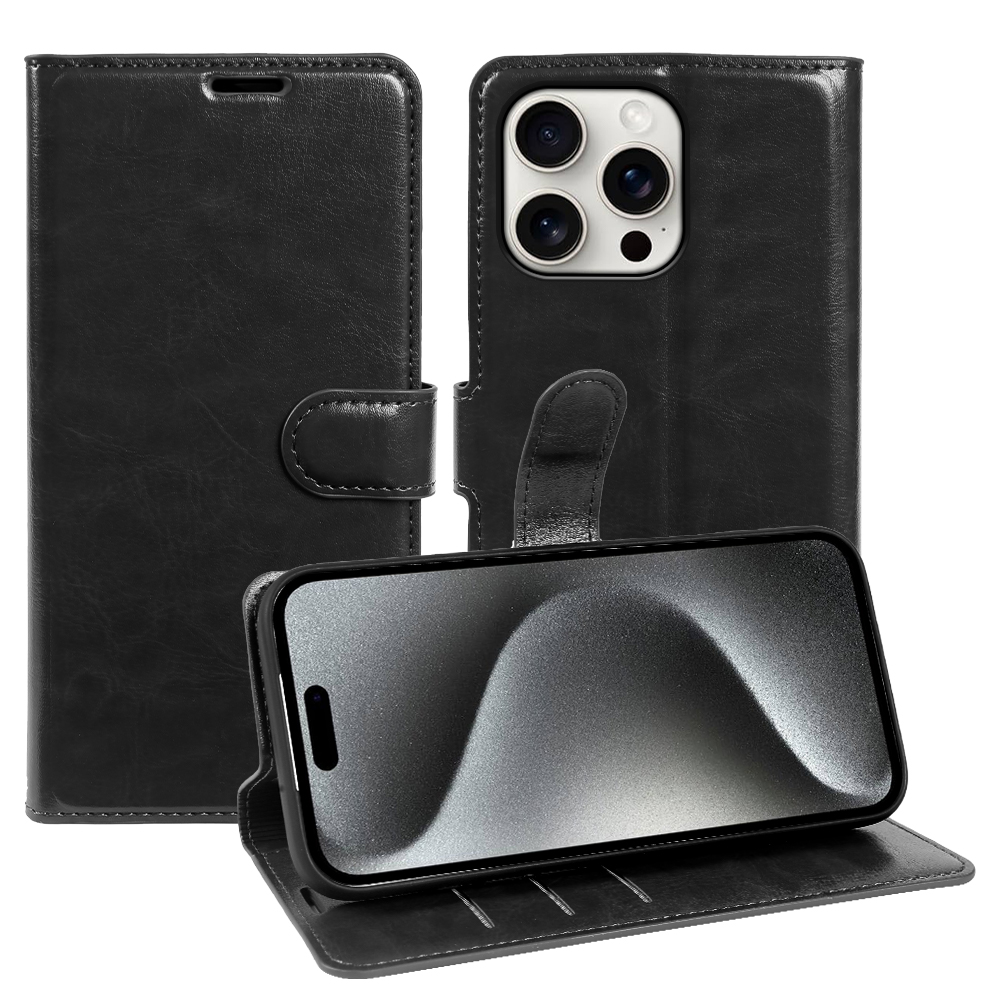 For iPhone 15 Pro Max Wallet Case Crazy Horse Texture Leather Flip Phone Cover with Magnetic Closure - Black