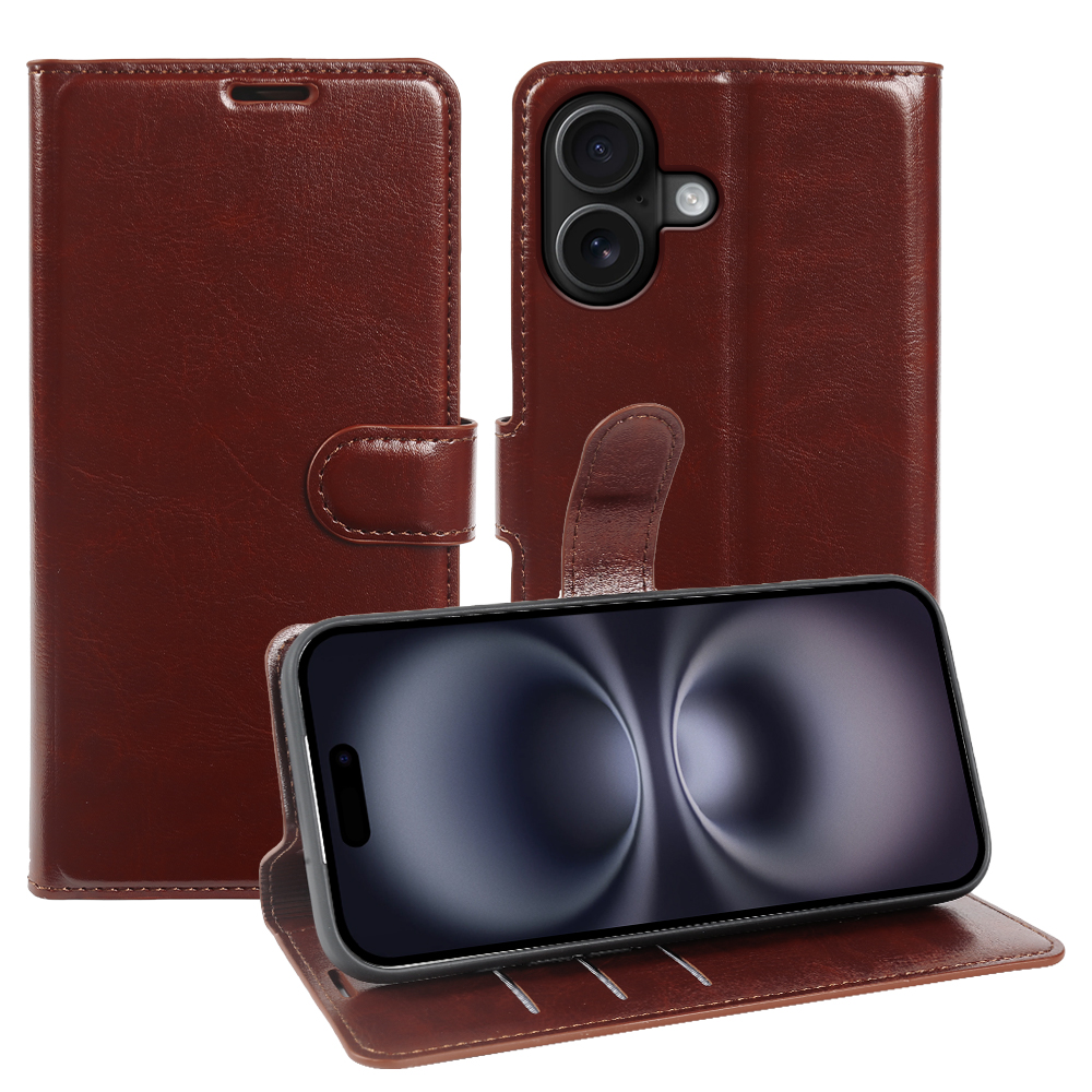 For iPhone 16 Wallet Case Crazy Horse Texture Leather Flip Phone Cover with Magnetic Closure - Brown