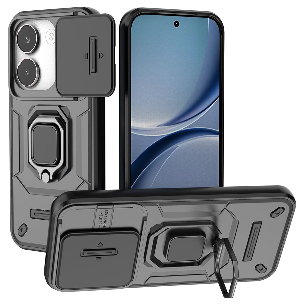 For Xiaomi Poco X8 Pro 5G  /  Redmi Turbo 5 5G Case PC + TPU Kickstand Phone Protector with Lens Cover - Black
