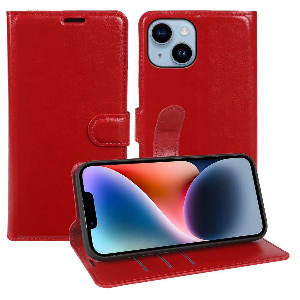 For iPhone 14 Wallet Case Crazy Horse Texture Leather Flip Phone Cover with Magnetic Closure - Red
