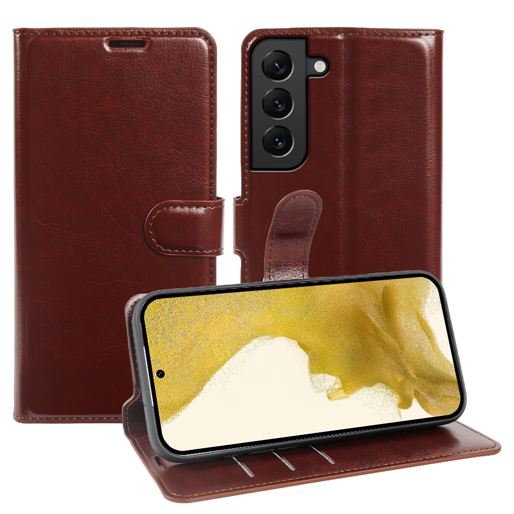 For Samsung Galaxy S22+ 5G Wallet Case Crazy Horse Texture Leather Flip Phone Cover with Magnetic Closure - Brown