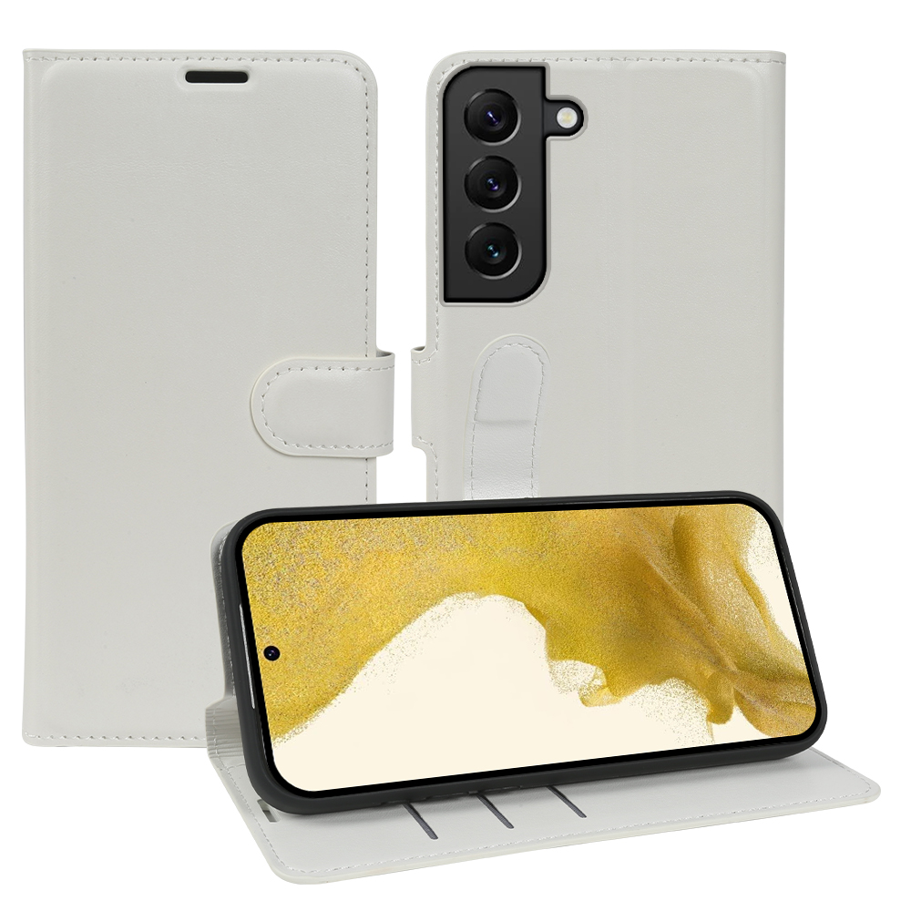 For Samsung Galaxy S22+ 5G Wallet Case Crazy Horse Texture Leather Flip Phone Cover with Magnetic Closure - White