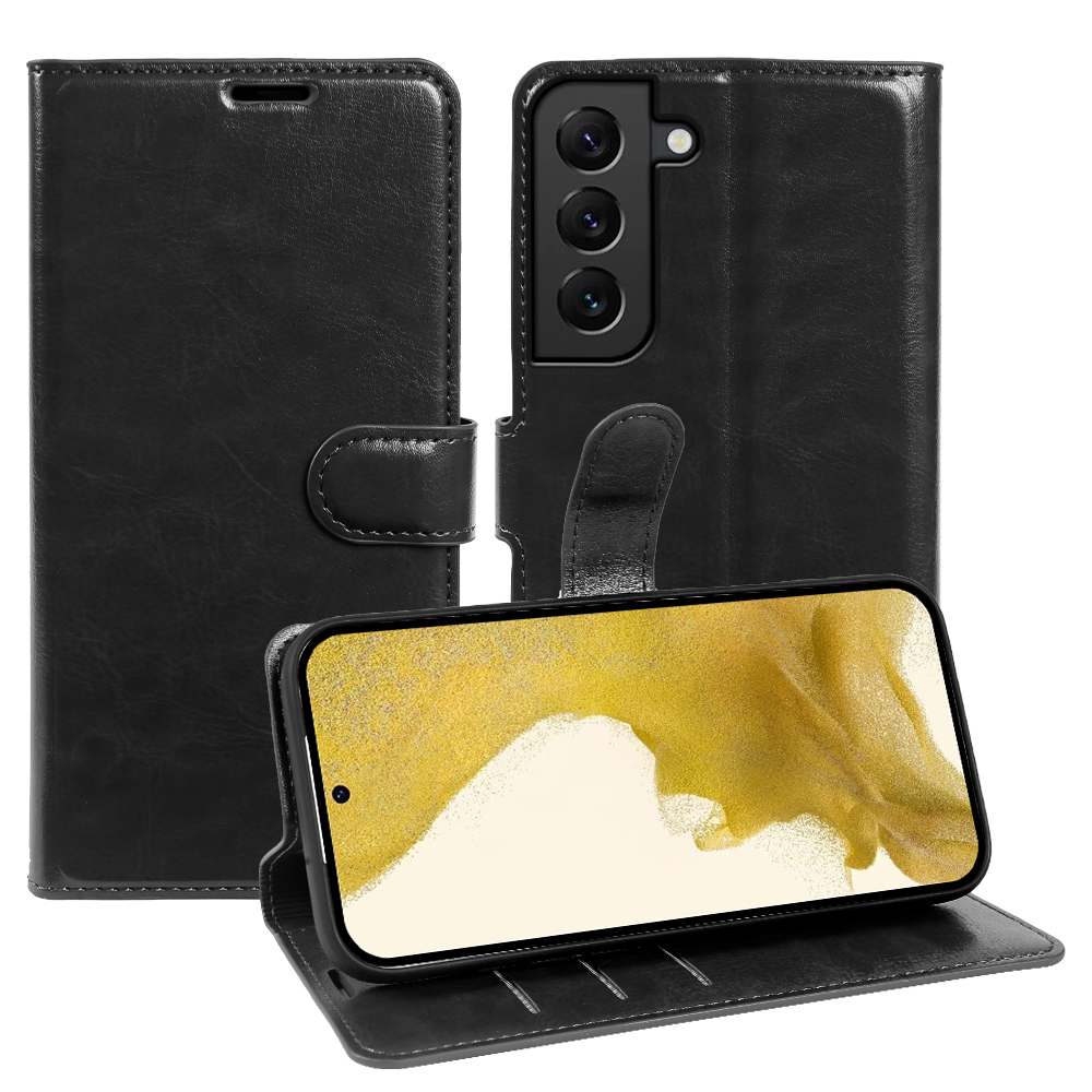 For Samsung Galaxy S22+ 5G Wallet Case Crazy Horse Texture Leather Flip Phone Cover with Magnetic Closure - Black