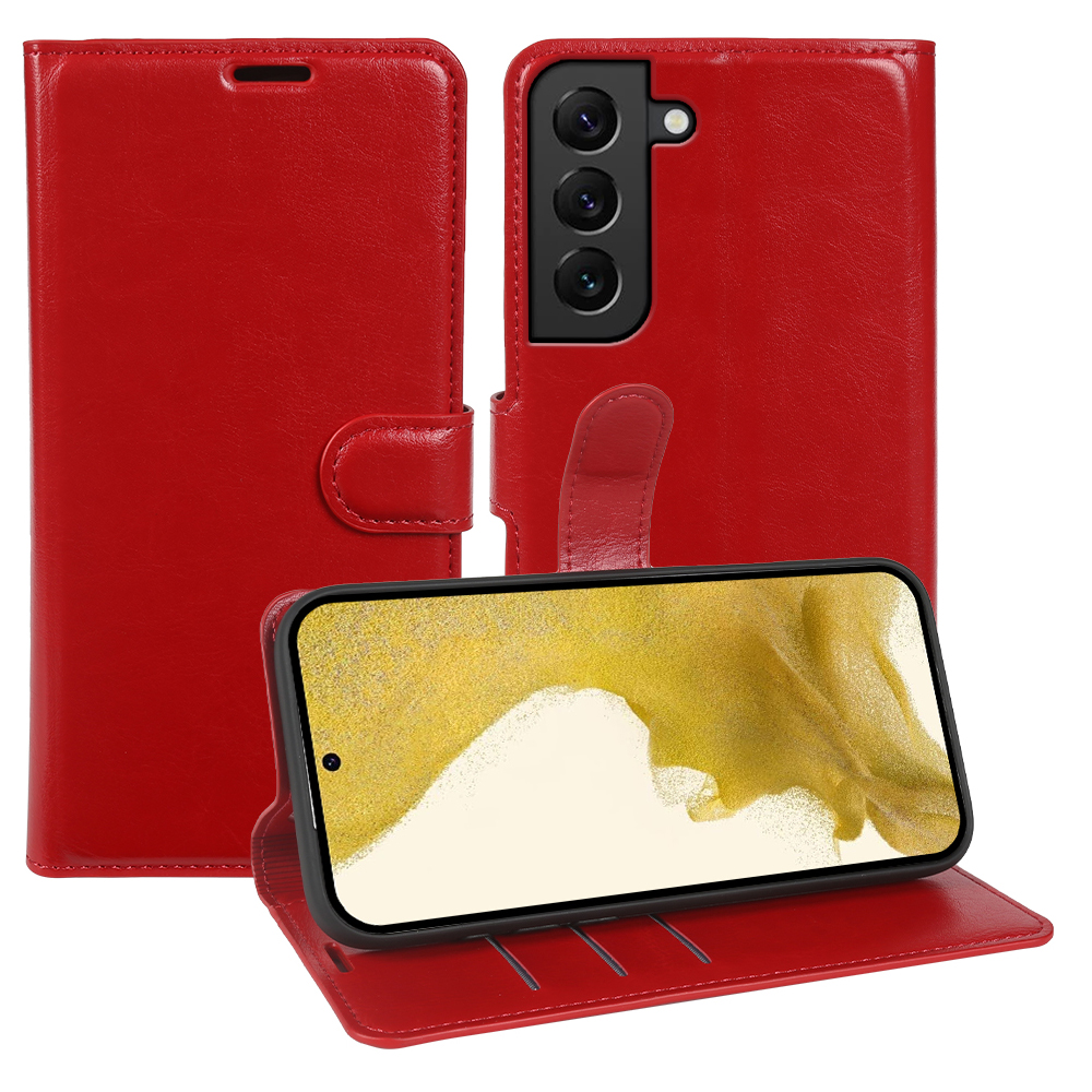 For Samsung Galaxy S22 5G Wallet Case Crazy Horse Texture Leather Flip Phone Cover with Magnetic Closure - Red