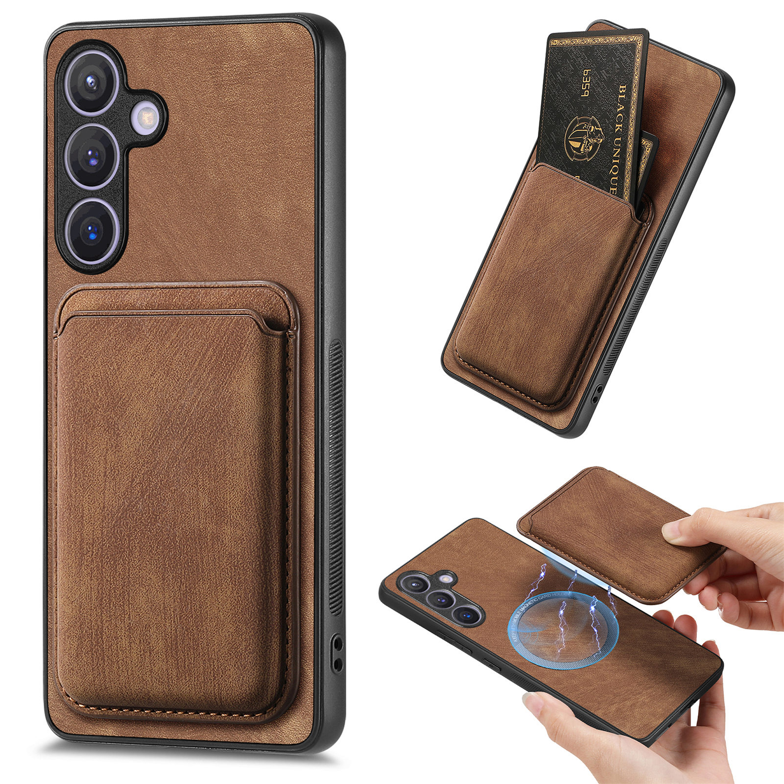 For Samsung Galaxy A27 Case Compatible with MagSafe Leather Back Cover with Detachable Card Holder - Brown