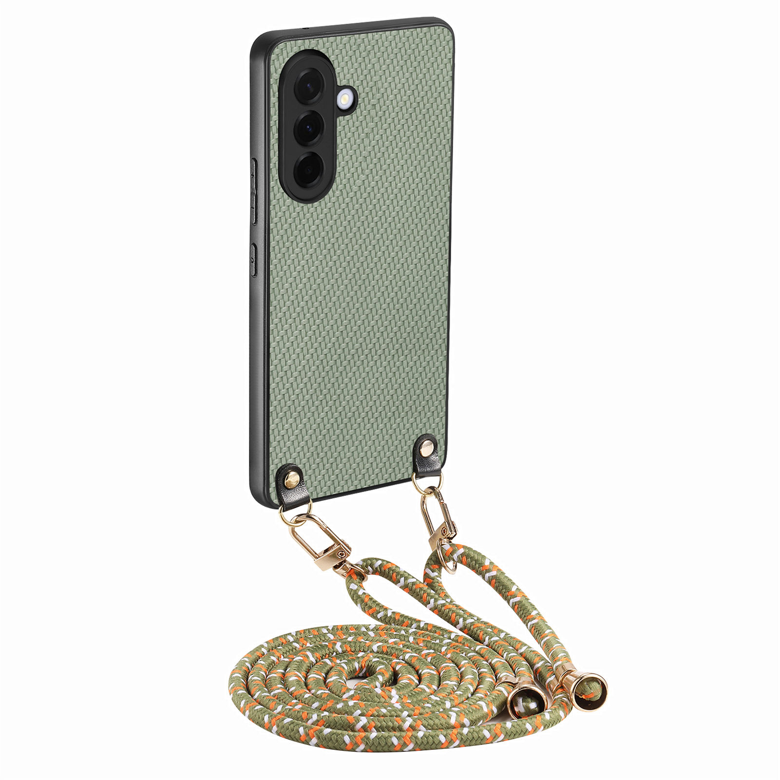 For Samsung Galaxy A27 Case Carbon Fiber Texture Hybrid Phone Back Cover with Adjustable Strap - Green