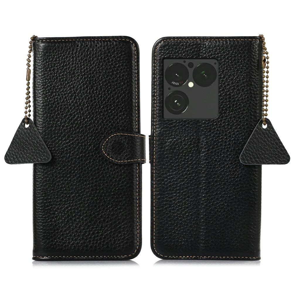 For Sony Xperia 1 VIII Case RFID Blocking Genuine Cow Leather Phone Cover Litchi Texture - Black