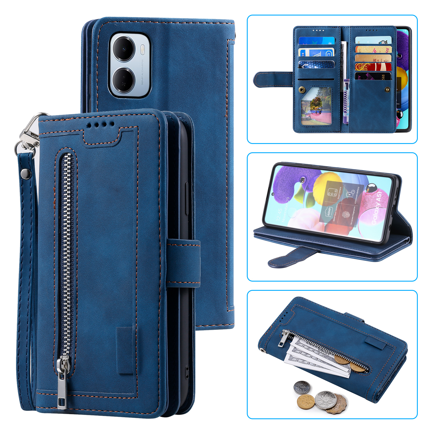 For Xiaomi Redmi 15a 5G Phone Case 9 Card Slots Zipper Wallet PU Leather Phone Cover with Wrist Strap - Blue