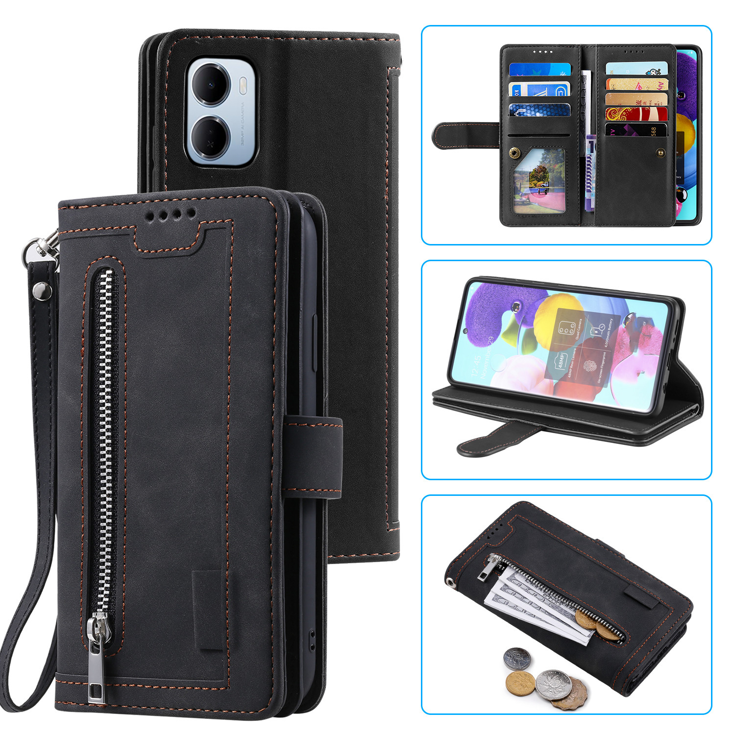 For Xiaomi Redmi 15a 5G Phone Case 9 Card Slots Zipper Wallet PU Leather Phone Cover with Wrist Strap - Black