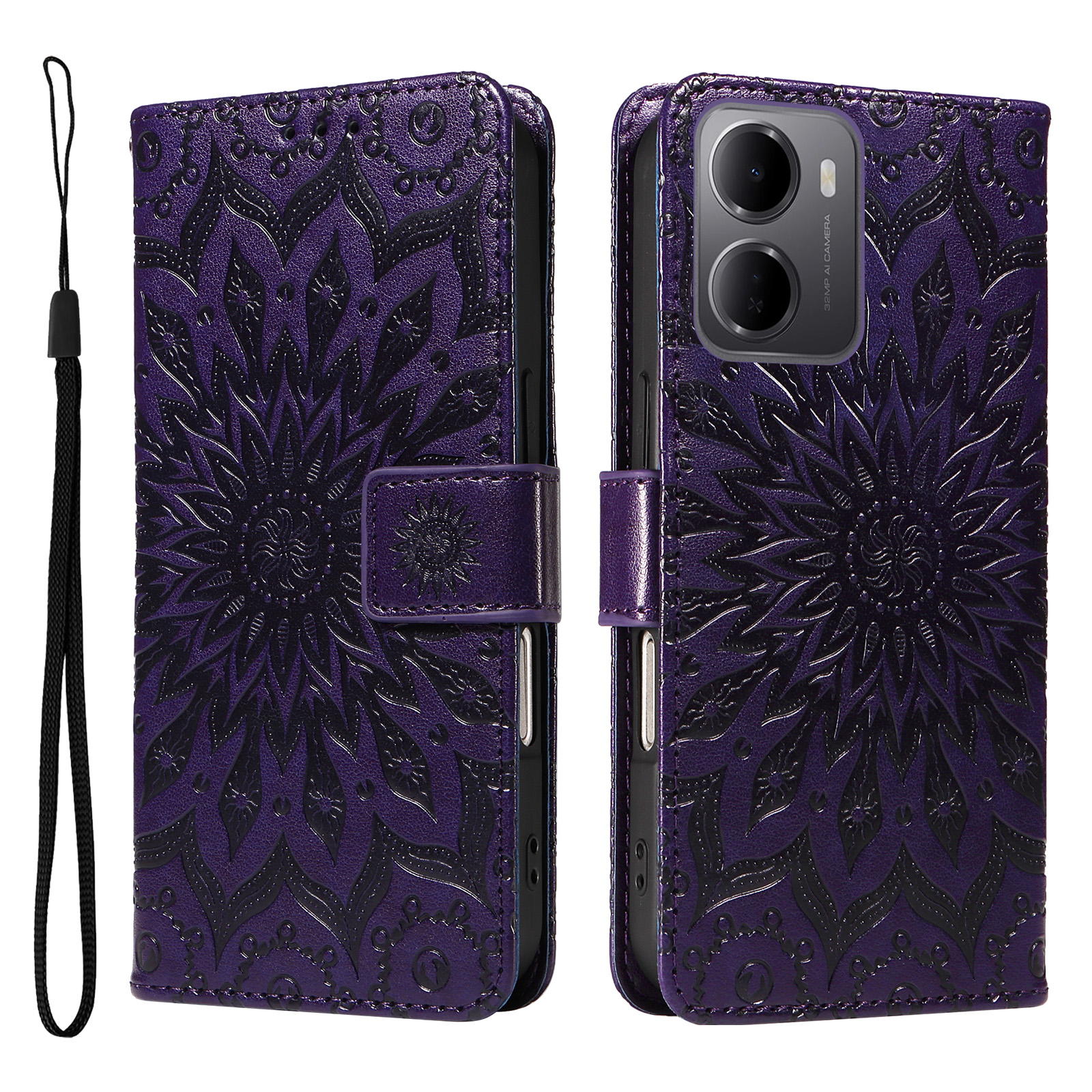 For Xiaomi Redmi 15a 5G Leather Wallet Case Sunflower Imprinted Phone Cover - Purple