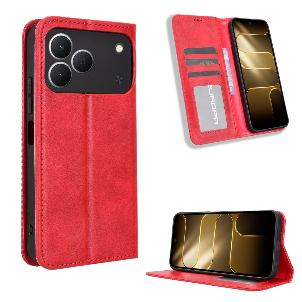 For TECNO Spark 50 4G Leather Case Wallet Stand Retro Texture Phone Cover - Red