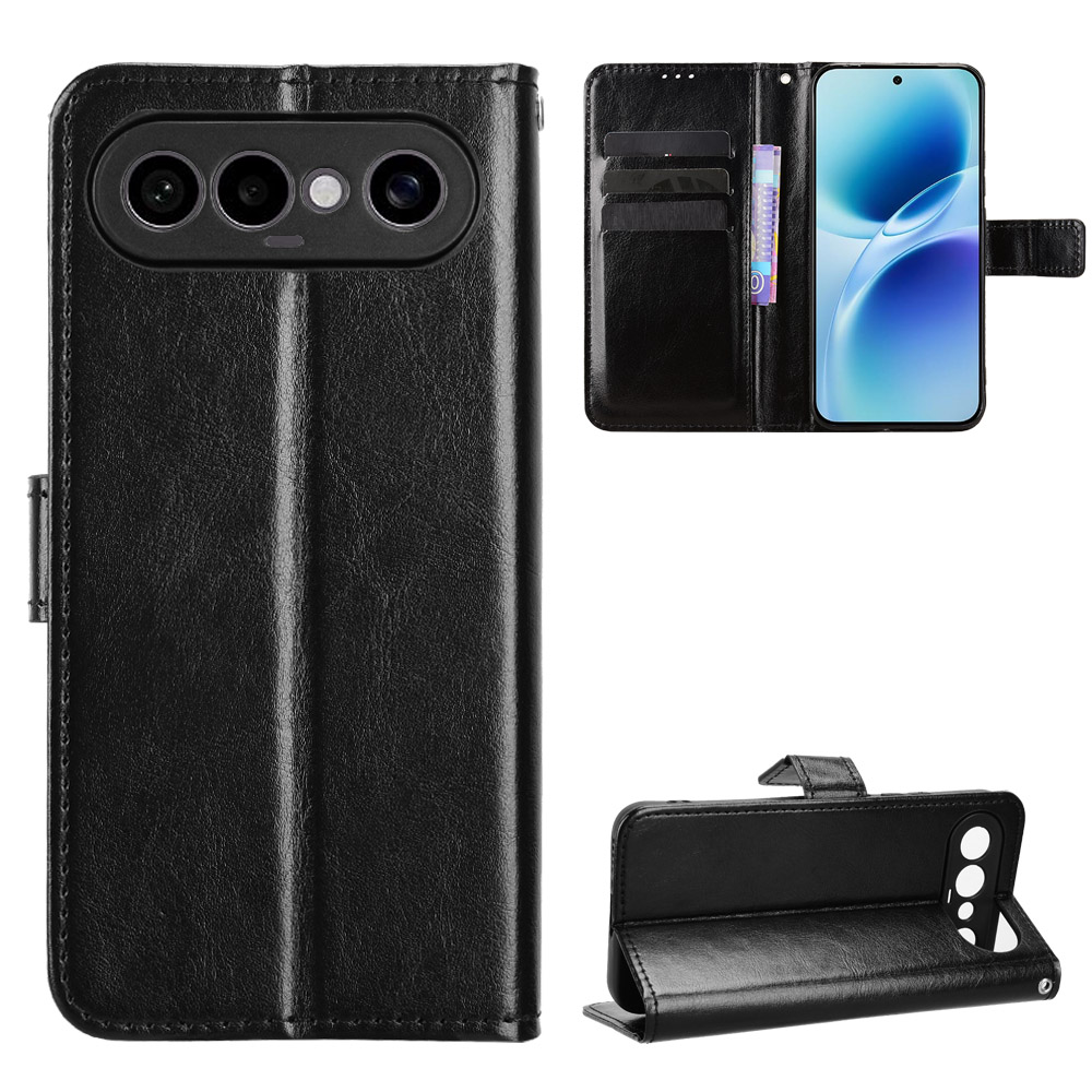 For vivo S50 Pro mini 5G / vivo X300 FE 5G PU Leather Case with Strap Crazy Horse Texture Phone Wallet Cover - Black