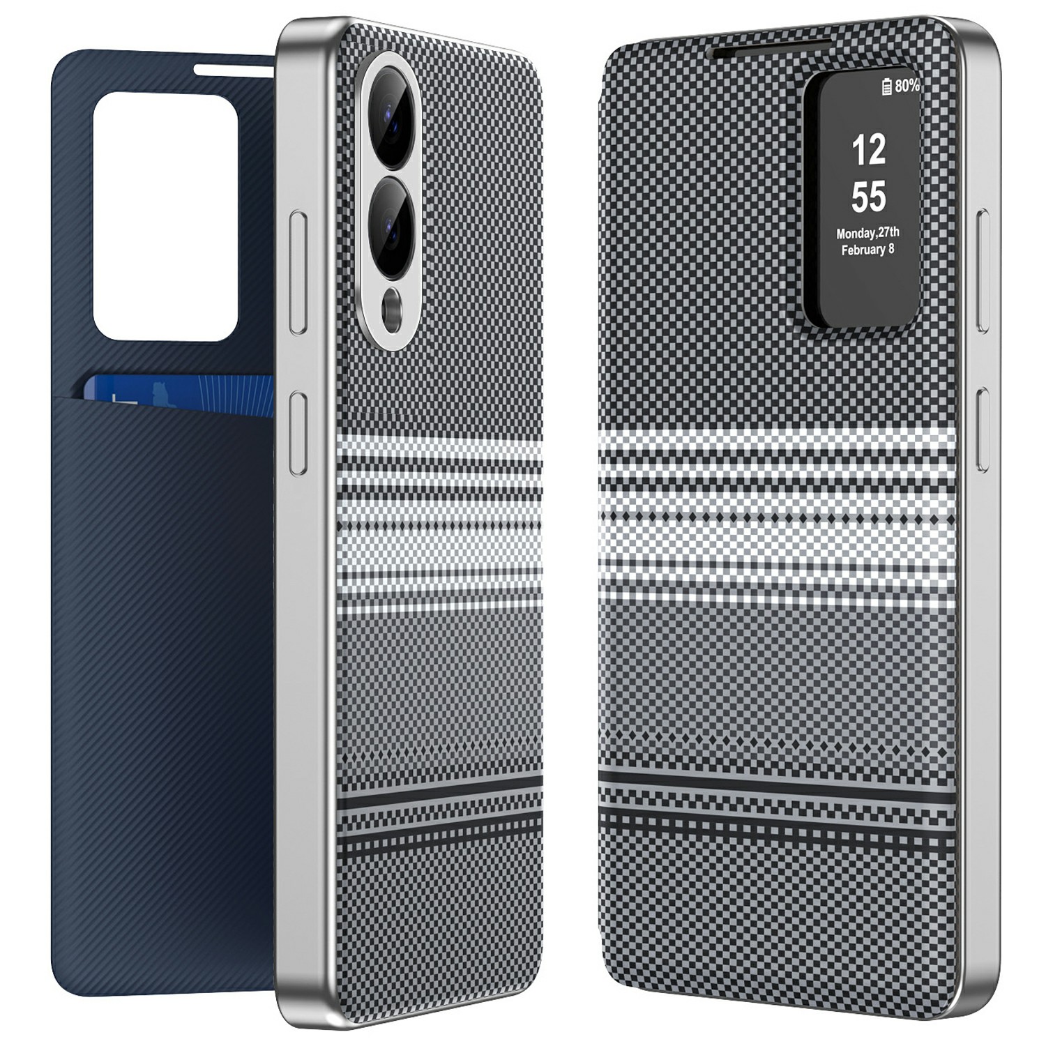 For Samsung Galaxy S25 Edge Case Card Slot View Window Gradient Color Checkered Pattern Leather Phone Cover - Black