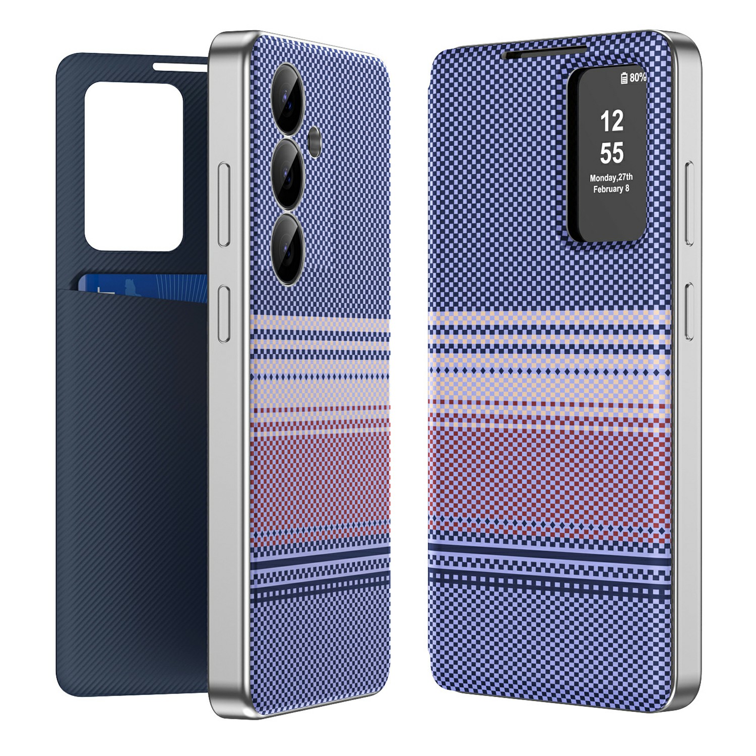 For Samsung Galaxy A55 5G Case Card Slot View Window Gradient Color Checkered Pattern Leather Phone Cover - Lavender Purple