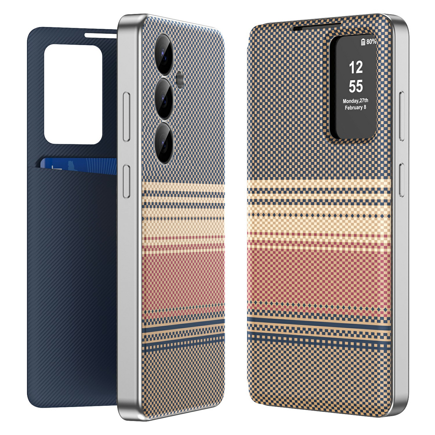 For Samsung Galaxy S25+ Case Card Slot View Window Gradient Color Checkered Pattern Leather Phone Cover - Brown