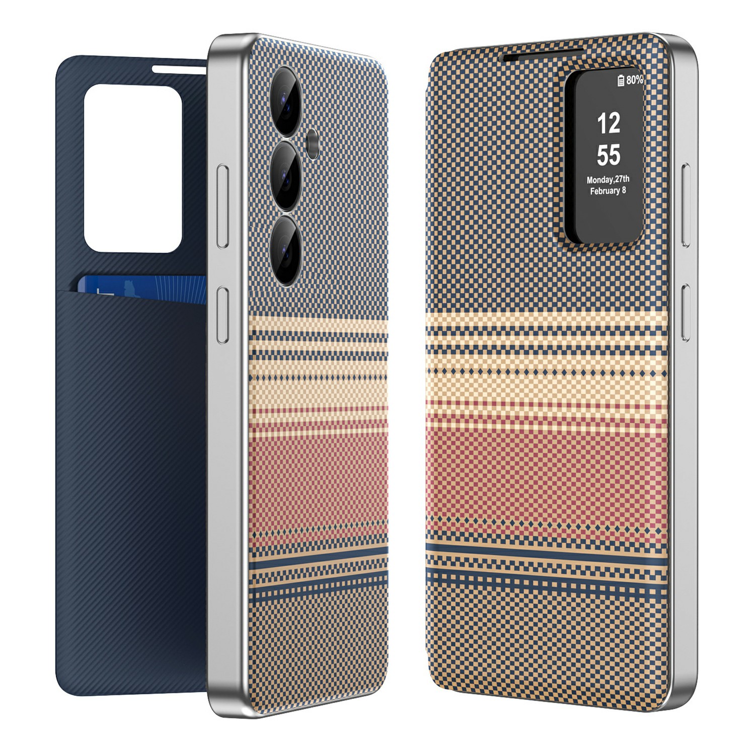 For Samsung Galaxy S24+ Case Card Slot View Window Gradient Color Checkered Pattern Leather Phone Cover - Brown