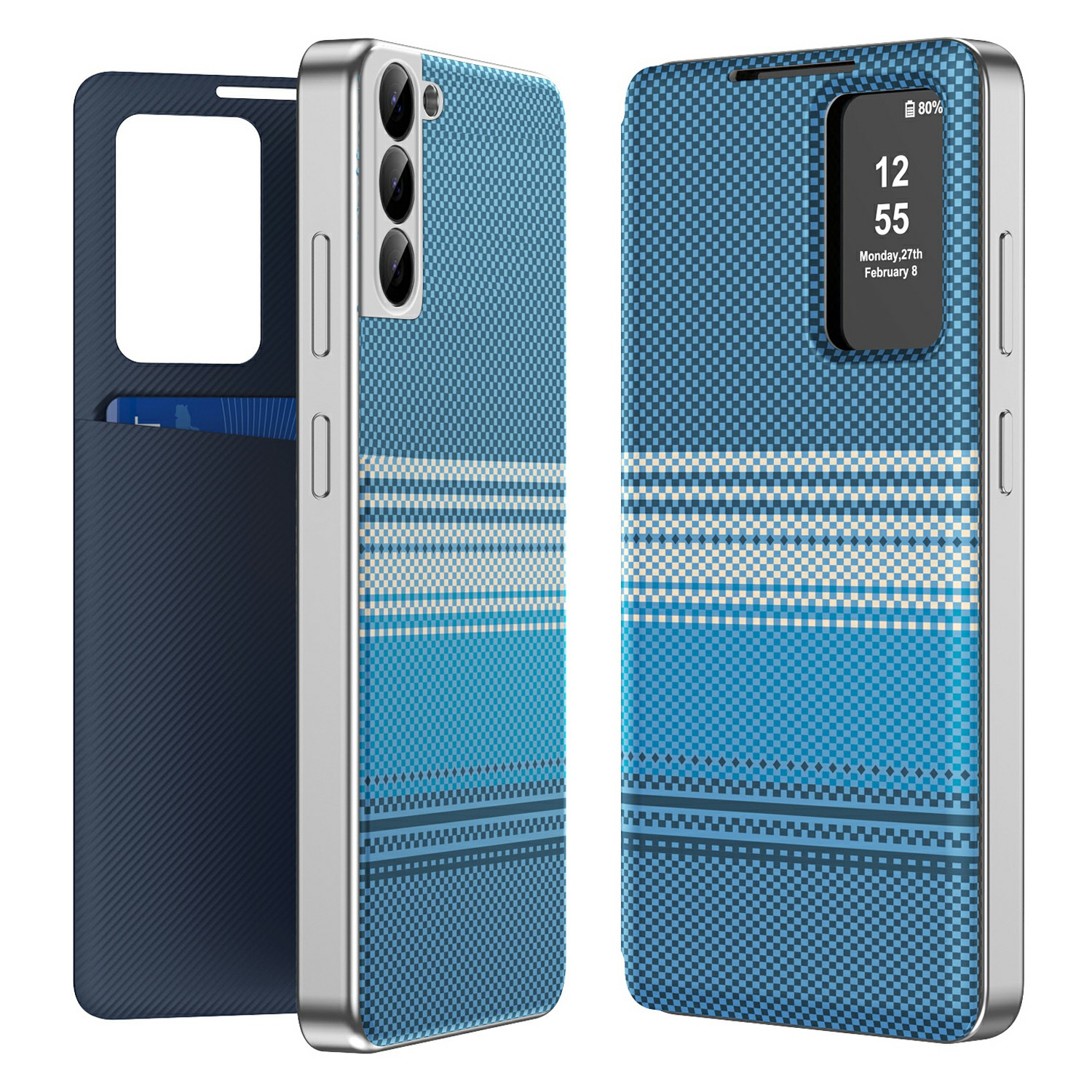 For Samsung Galaxy S22 5G Case Card Slot View Window Gradient Color Checkered Pattern Leather Phone Cover - Blue