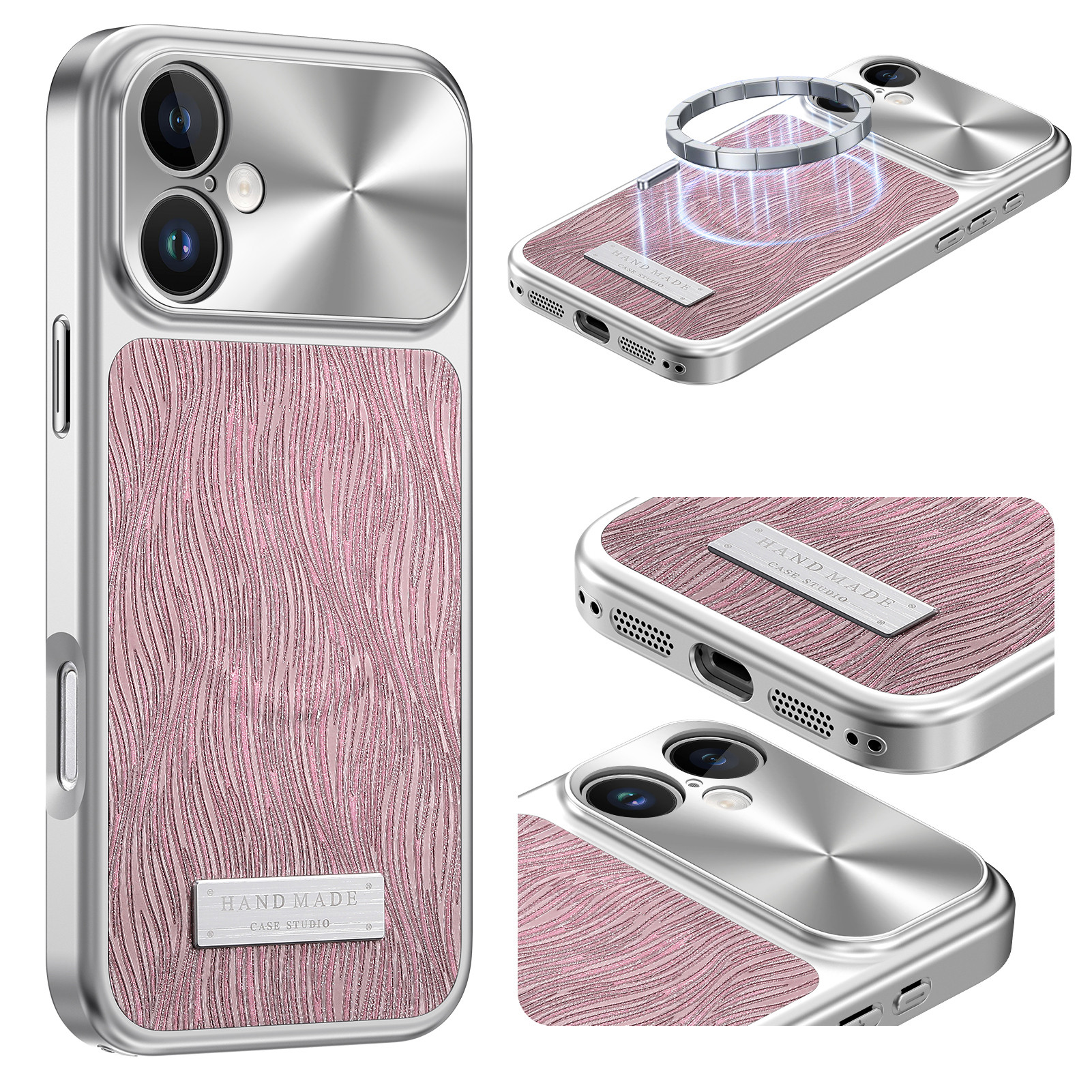 For iPhone 16 Magnetic Case Flowing Water Ripple TPU+PC Shockproof Phone Cover Compatible With Magsafe - Pink