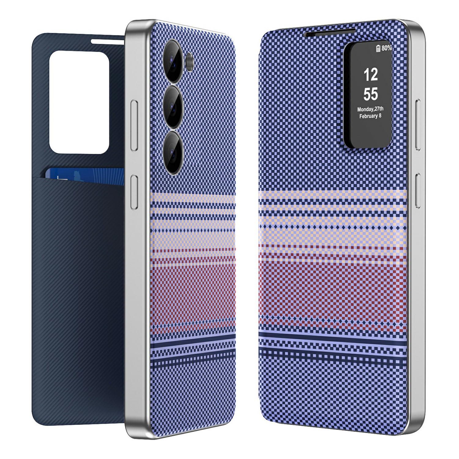 For Samsung Galaxy S23 Case Card Slot View Window Gradient Color Checkered Pattern Leather Phone Cover - Lavender Purple