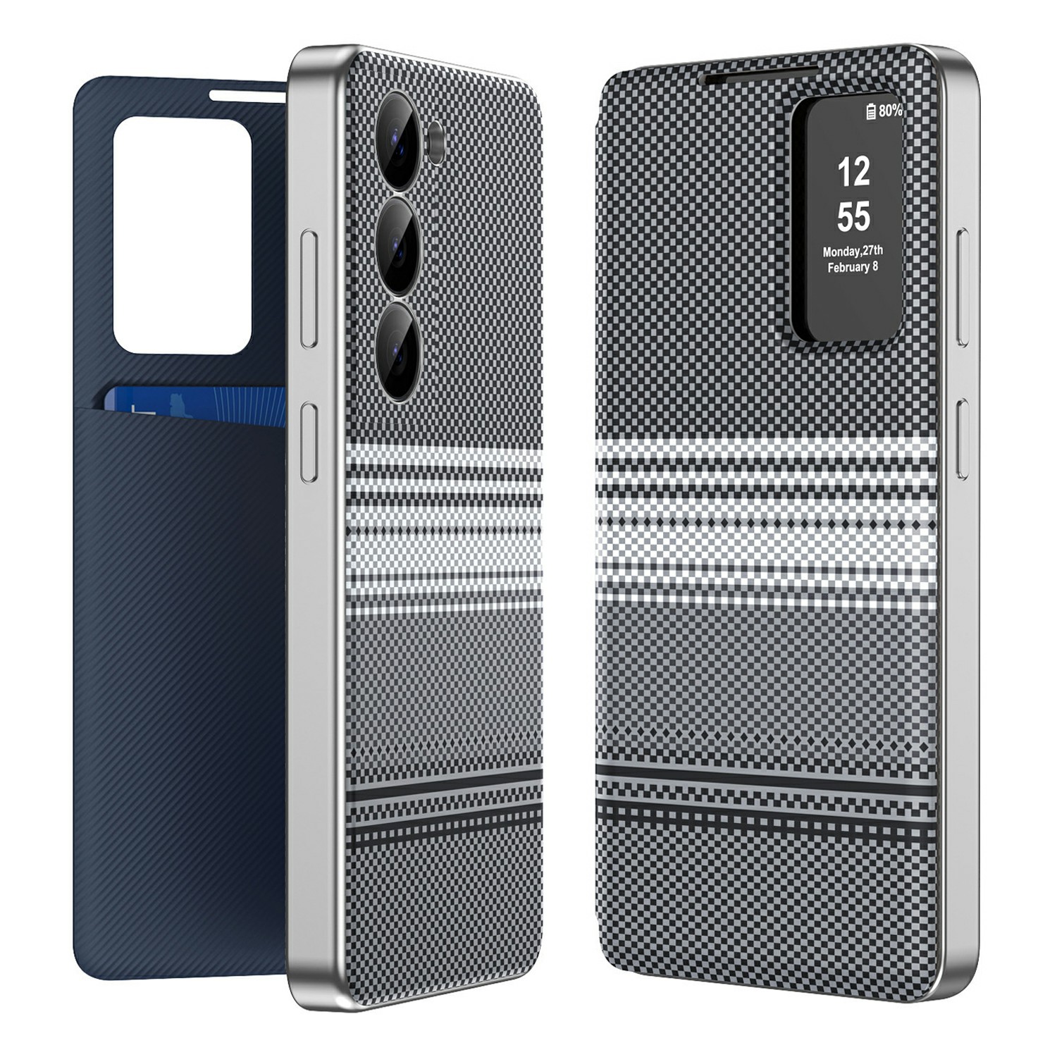 For Samsung Galaxy S23+ Case Card Slot View Window Gradient Color Checkered Pattern Leather Phone Cover - Black