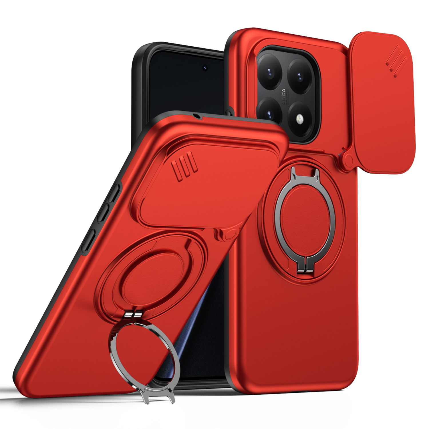 For Xiaomi 15T Magnetic Case Ring Kickstand Slide Camera Cover TPU PC Hybrid Phone Shell - Red