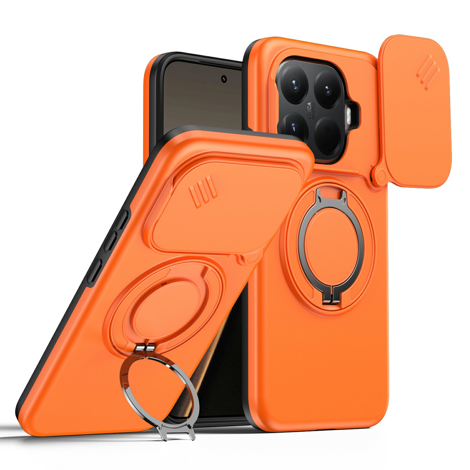 For Xiaomi 15T Pro Magnetic Case Ring Kickstand Slide Camera Cover TPU PC Hybrid Phone Shell - Orange