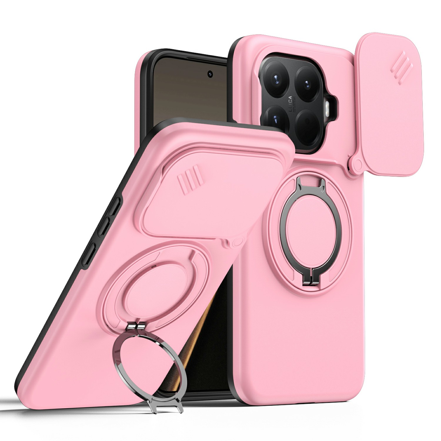 For Xiaomi 15T Pro Magnetic Case Ring Kickstand Slide Camera Cover TPU PC Hybrid Phone Shell - Pink