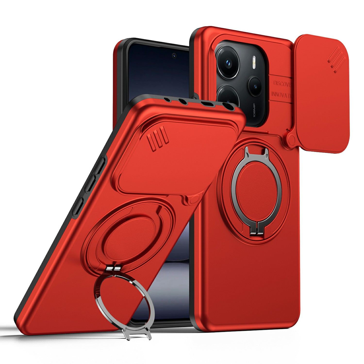 For Xiaomi Redmi Note 14 5G / Note 14 4G (163.25mm) Magnetic Case Ring Kickstand Slide Camera Cover TPU PC Hybrid Phone Shell - Red