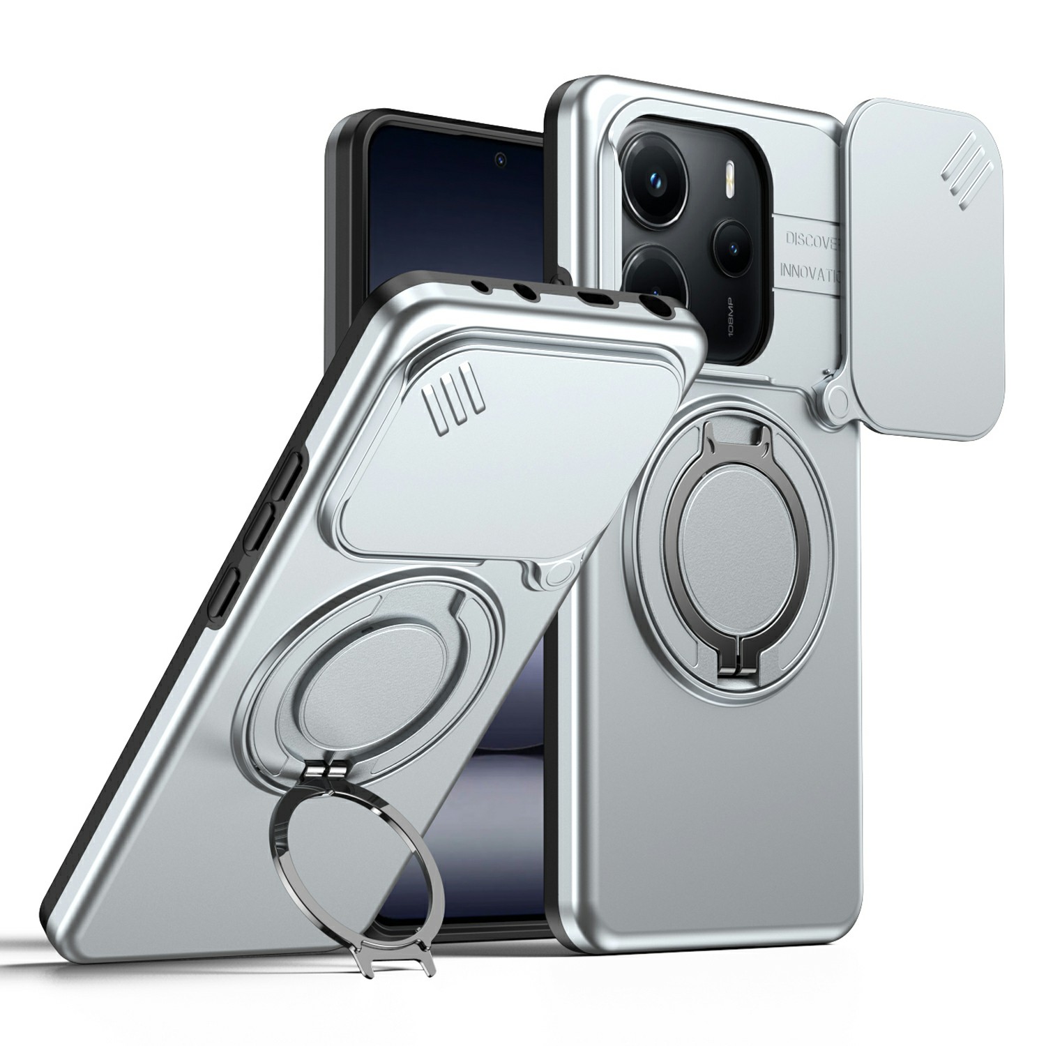 For Xiaomi Redmi Note 14 5G / Note 14 4G (163.25mm) Magnetic Case Ring Kickstand Slide Camera Cover TPU PC Hybrid Phone Shell - Grey