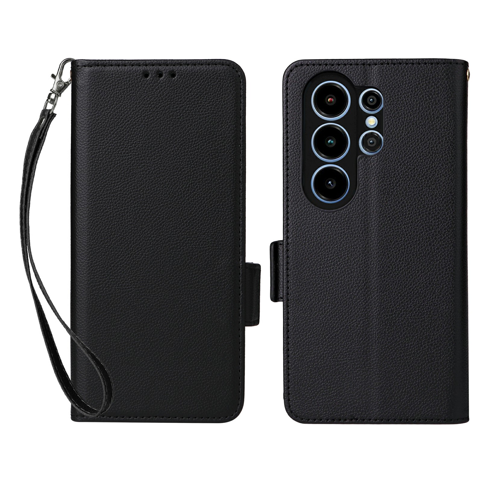 For Blackview Wave 10 Case Litchi Texture Wallet Leather Phone Cover with Wrist Strap - Black