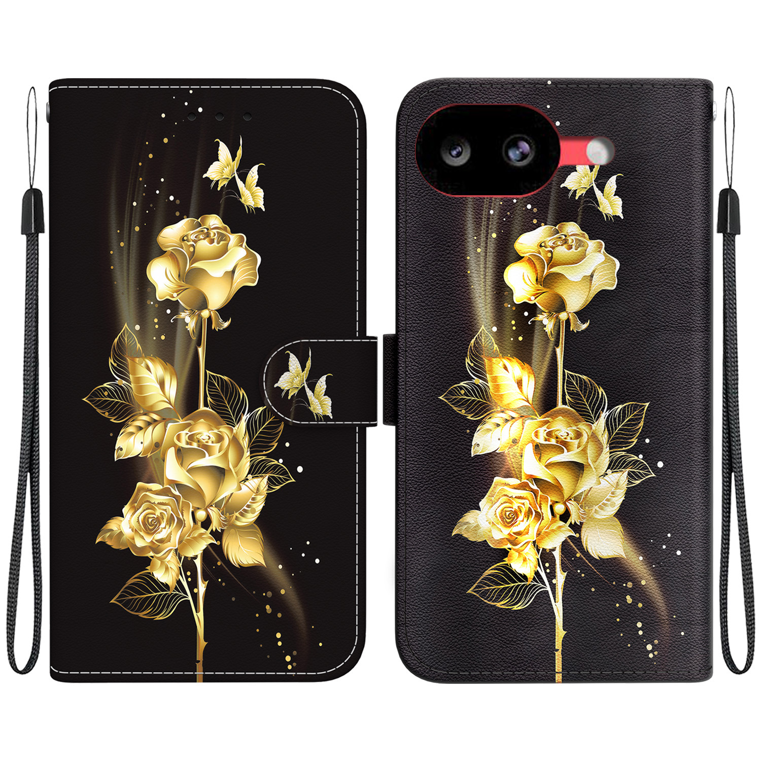 For Google Pixel 10a Wallet Phone Case Anti-Drop Pattern Printing Leather Flip Cover with Strap - Gold Butterfly Rose
