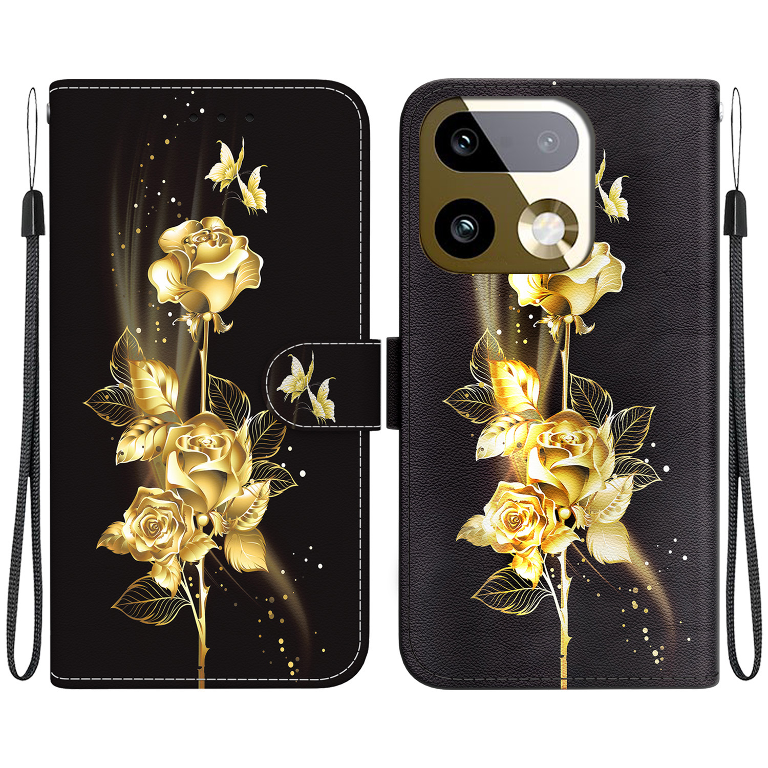 For Realme 16 Pro+ 5G Wallet Phone Case Anti-Drop Pattern Printing Leather Flip Cover with Strap - Gold Butterfly Rose