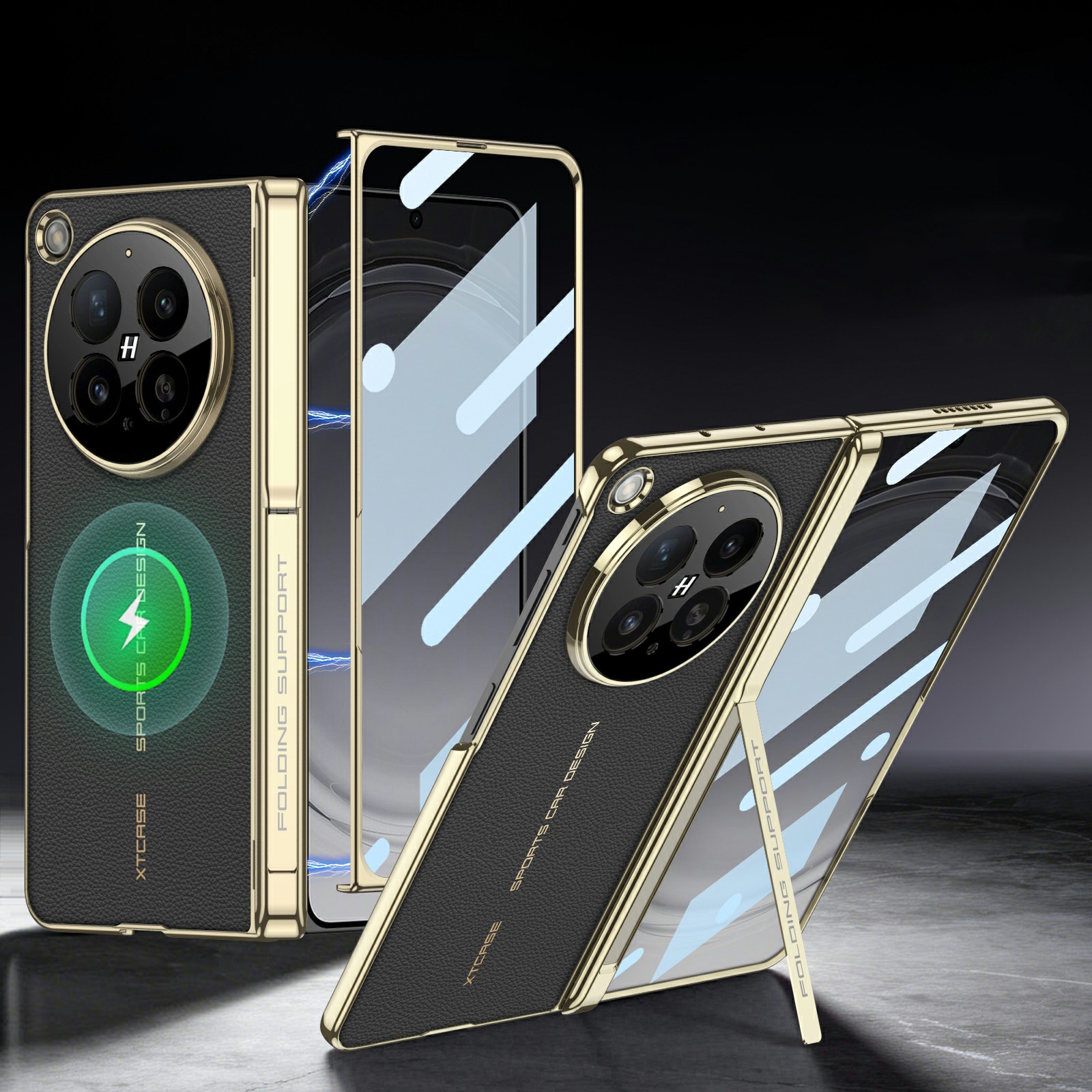 GKK For Oppo Find N6 5G Magnetic Case Dual Central Axis Hinge Litchi Texture Leather PC Kickstand Phone Cover with Tempered Glass Film - Black