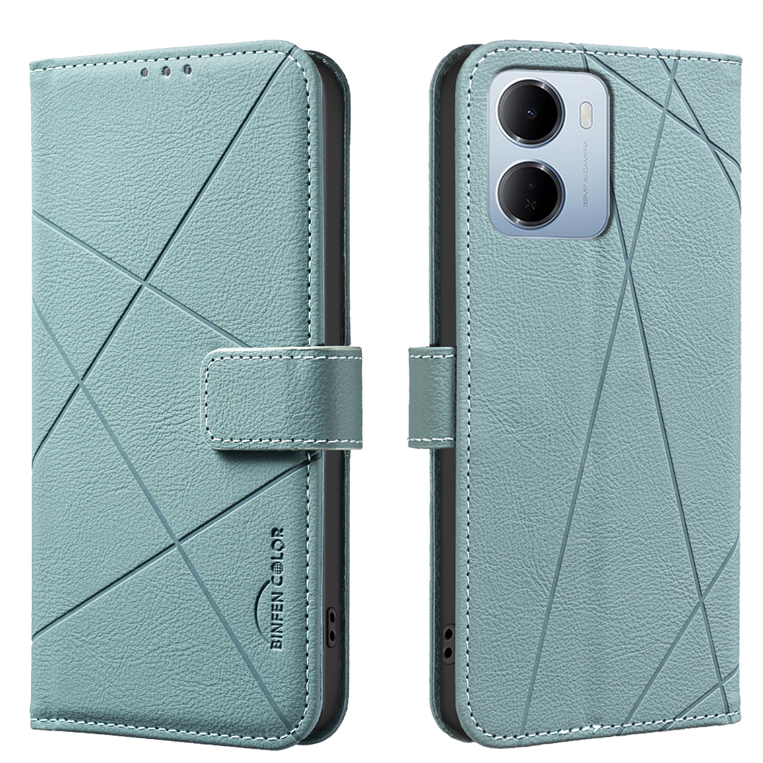 BINFEN COLOR for Xiaomi Redmi 15a 5G  BF35 Case Geometry Imprinted Leather Phone Cover RFID Blocking Wallet Stand - Green