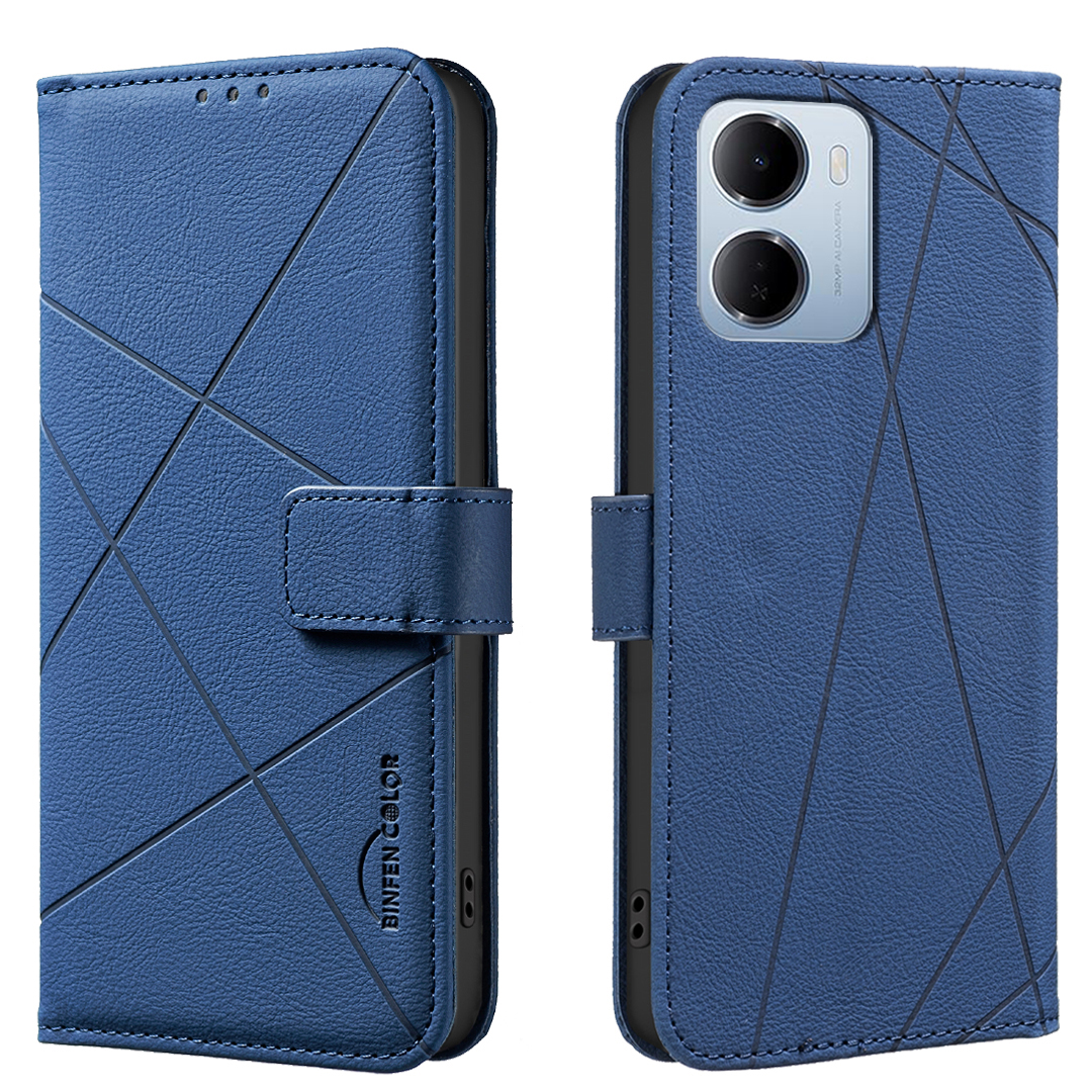 BINFEN COLOR for Xiaomi Redmi 15a 5G  BF35 Case Geometry Imprinted Leather Phone Cover RFID Blocking Wallet Stand - Blue