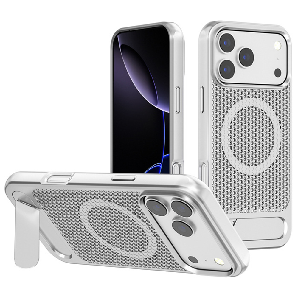 For iPhone 17 Pro Case Hollow Heat Dissipation Back Cover Kickstand Compatible with MagSafe - Silver
