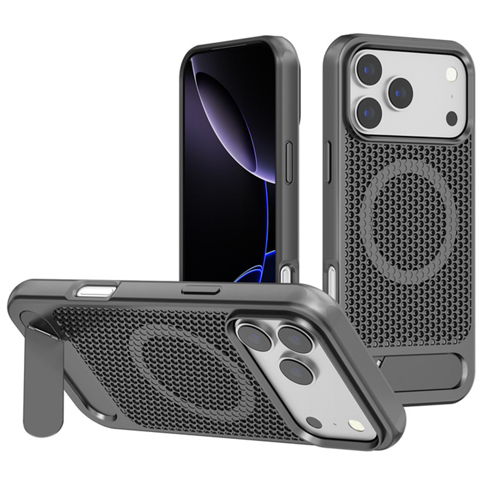 For iPhone 17 Pro Max Case Hollow Heat Dissipation Back Cover Kickstand Compatible with MagSafe - Grey