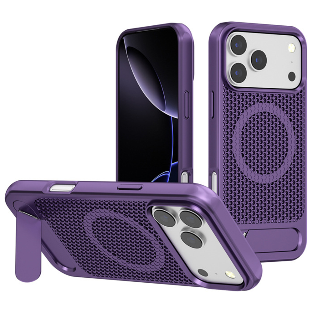 For iPhone 17 Pro Max Case Hollow Heat Dissipation Back Cover Kickstand Compatible with MagSafe - Dark Purple
