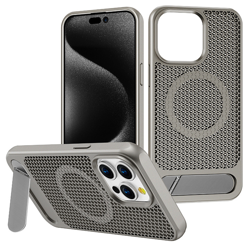 For iPhone 16 Pro Max Case Hollow Heat Dissipation Back Cover Kickstand Compatible with MagSafe - Grey