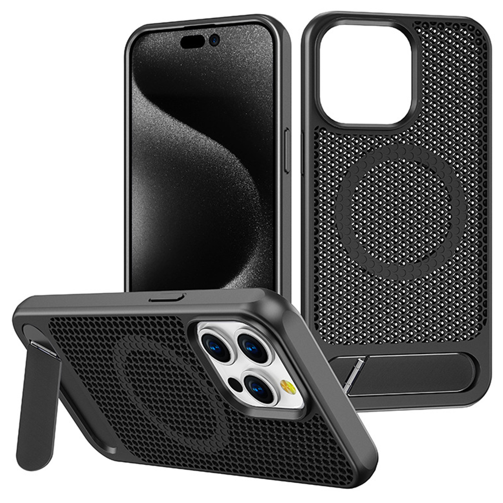 For iPhone 16 Pro Case Hollow Heat Dissipation Back Cover Kickstand Compatible with MagSafe - Black