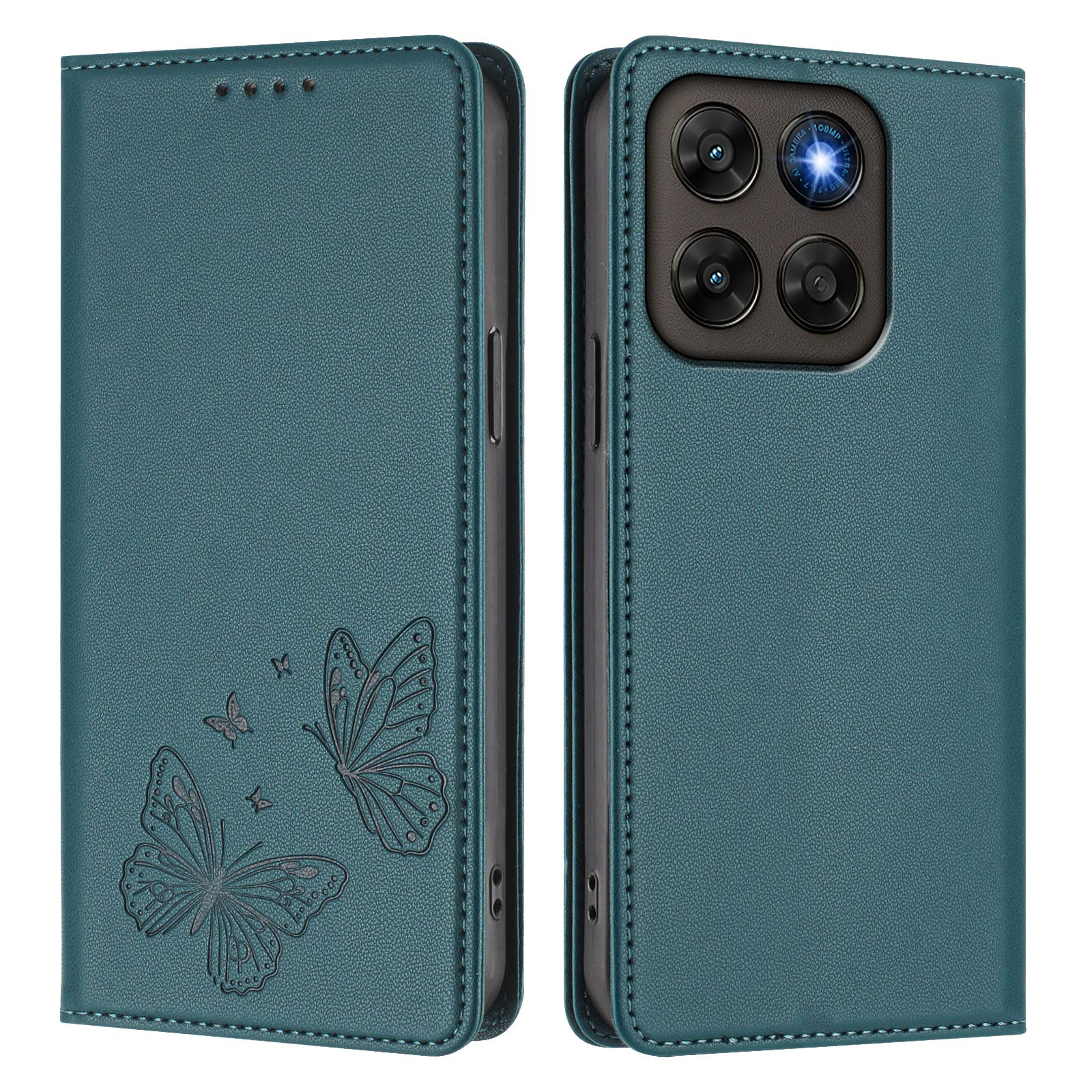 For Motorola Moto G77 5G / Motorola Moto G67 5G Wallet Case RFID Blocking Butterfly Imprinted Magnetic Flip Leather Cover - Peacock Green