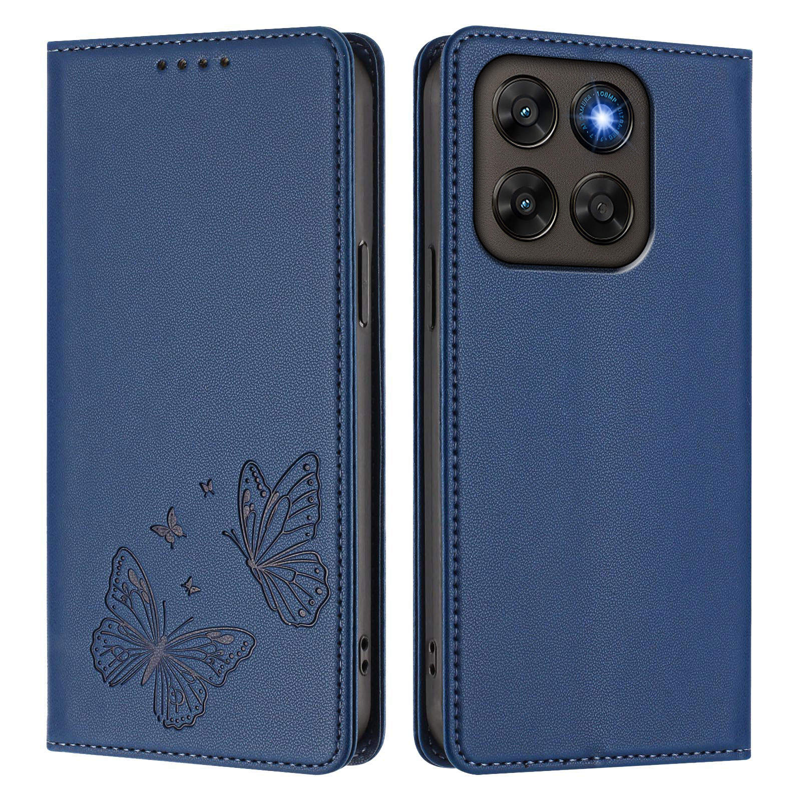 For Motorola Moto G77 5G / Motorola Moto G67 5G Wallet Case RFID Blocking Butterfly Imprinted Magnetic Flip Leather Cover - Dark Blue