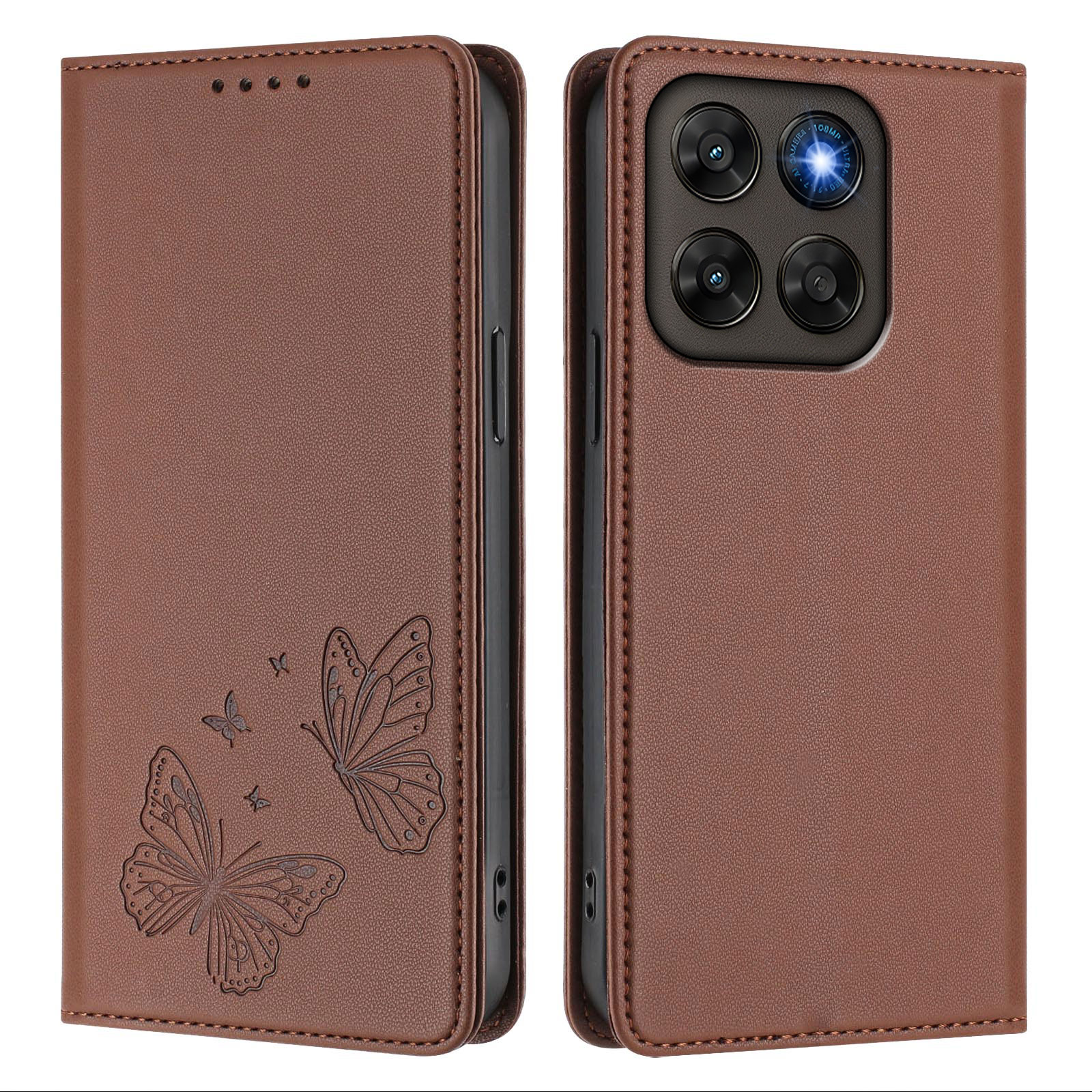 For Motorola Moto G77 5G / Motorola Moto G67 5G Wallet Case RFID Blocking Butterfly Imprinted Magnetic Flip Leather Cover - Brown