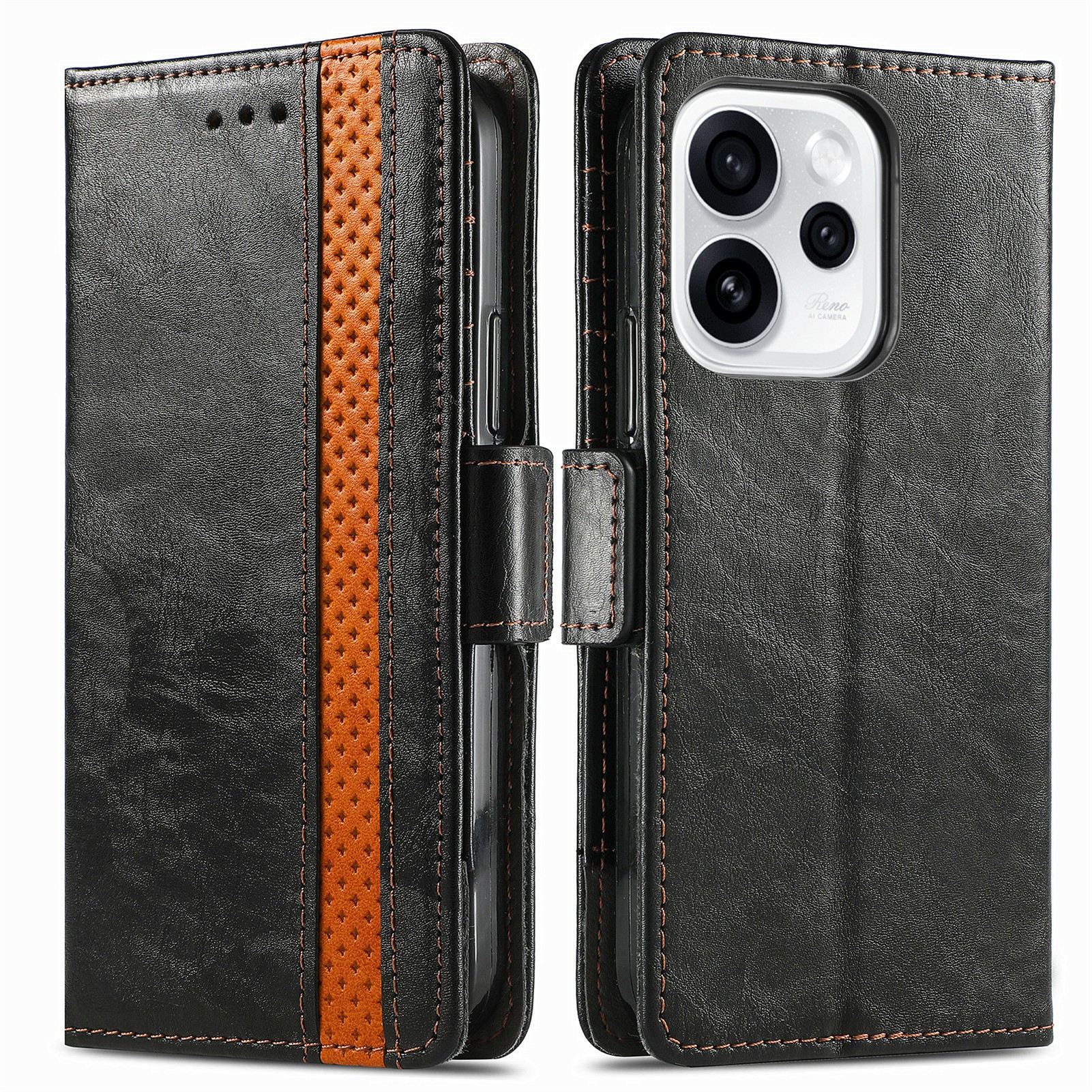 CASENEO Phone Case For Oppo Reno15 Pro 5G (Global)  /  Reno15 5G (China) PU Leather Cover Stand with RFID Blocking Wallet - Black