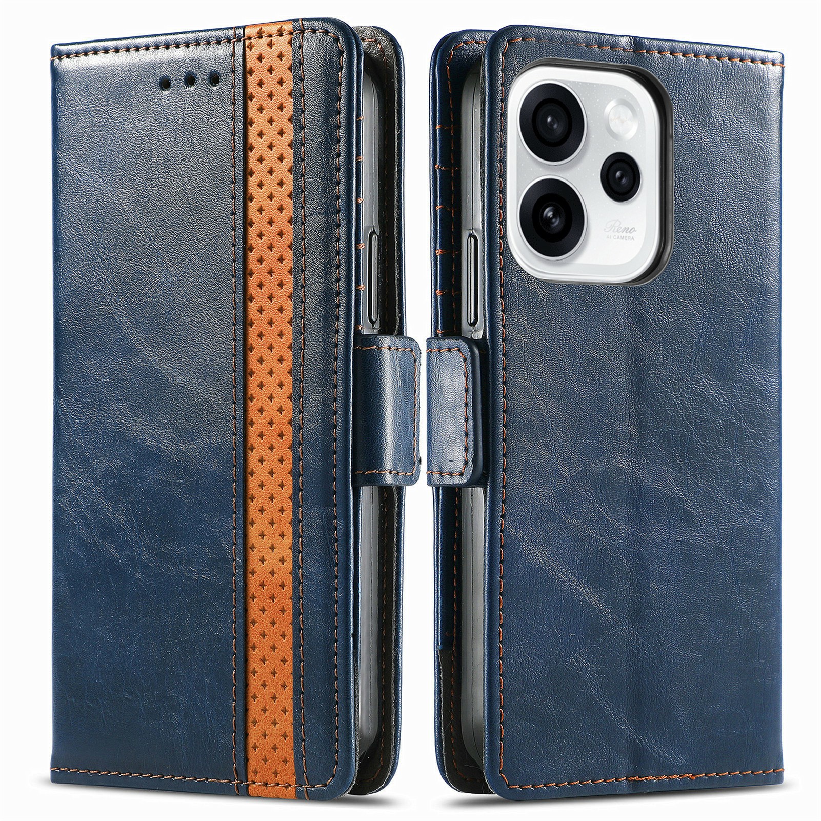 CASENEO Phone Case For Oppo Reno15 Pro 5G (Global)  /  Reno15 5G (China) PU Leather Cover Stand with RFID Blocking Wallet - Dark Blue