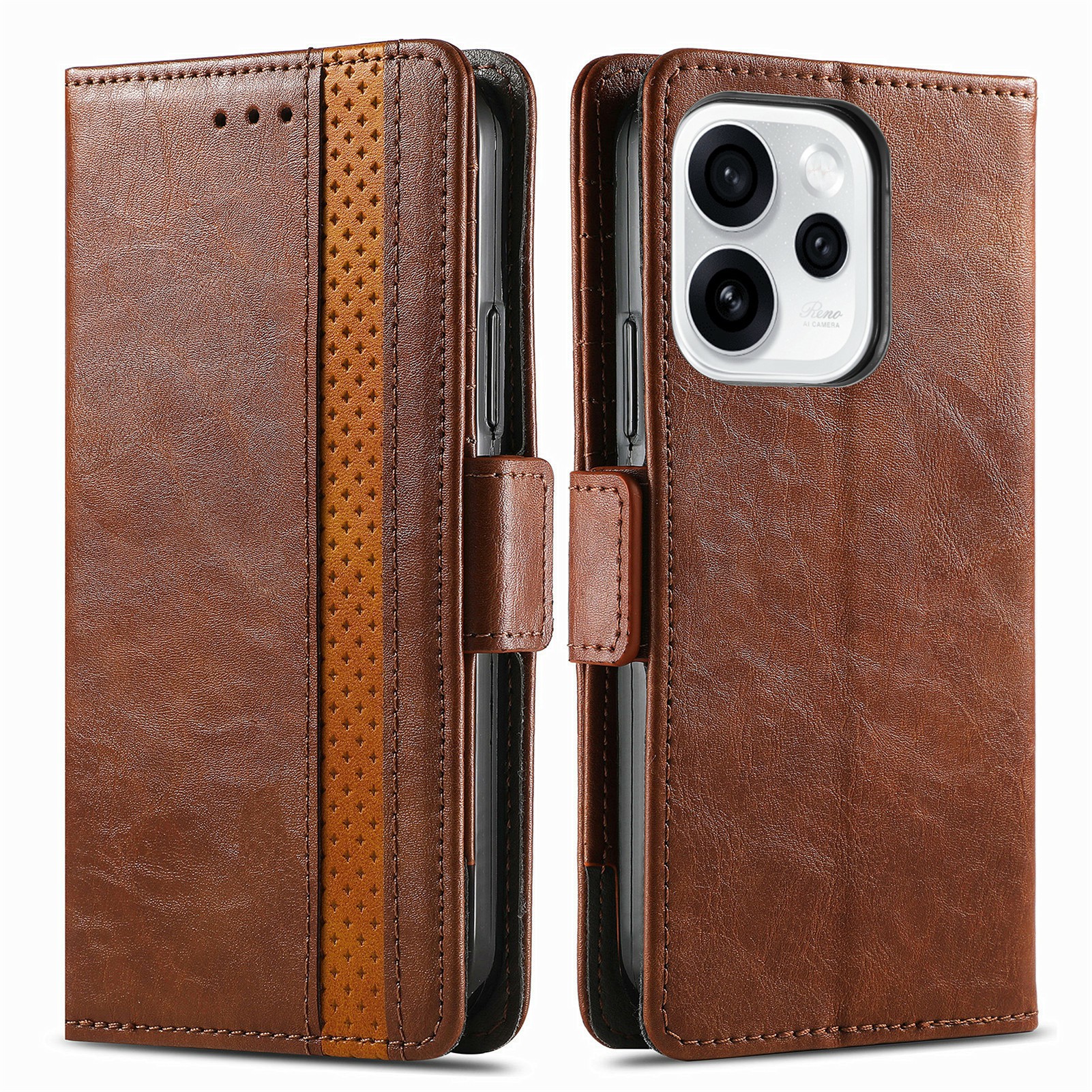 CASENEO Phone Case For Oppo Reno15 Pro 5G (Global)  /  Reno15 5G (China) PU Leather Cover Stand with RFID Blocking Wallet - Dark Brown