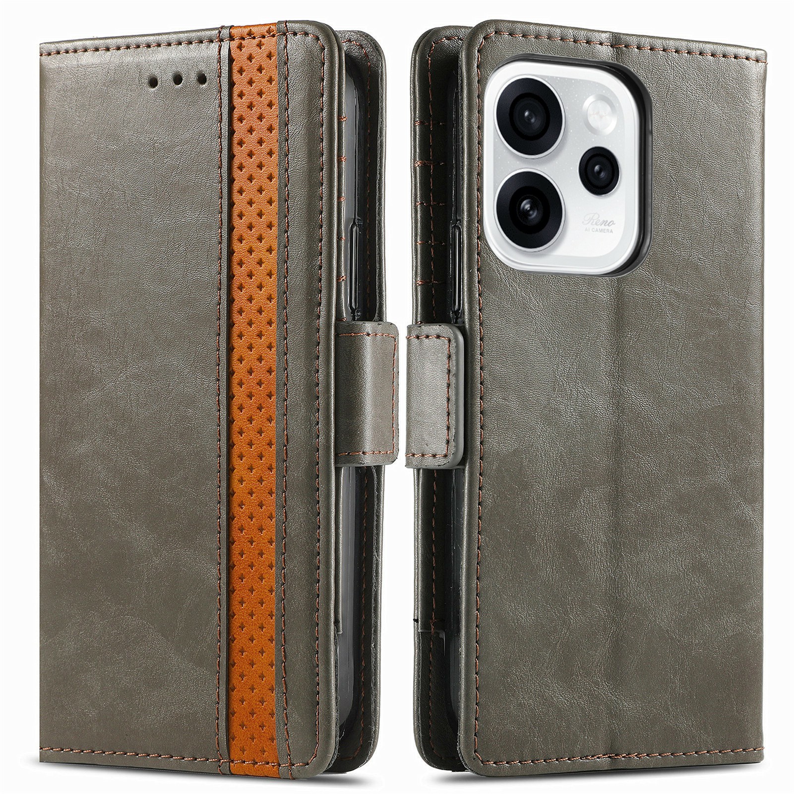 CASENEO Phone Case For Oppo Reno15 Pro 5G (Global)  /  Reno15 5G (China) PU Leather Cover Stand with RFID Blocking Wallet - Grey